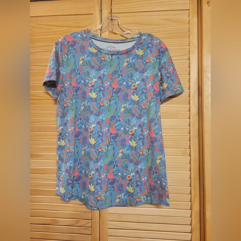 Crazy Train Tee Shirt flowers bright‎ pinks blues turquoise size small soft